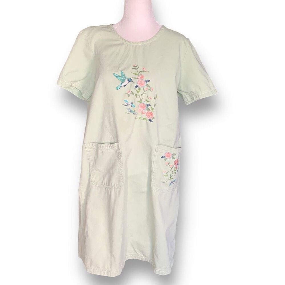 Vintage 90s Embroidered Dress Pistachio Green Pastel Pink Lightweight Denim